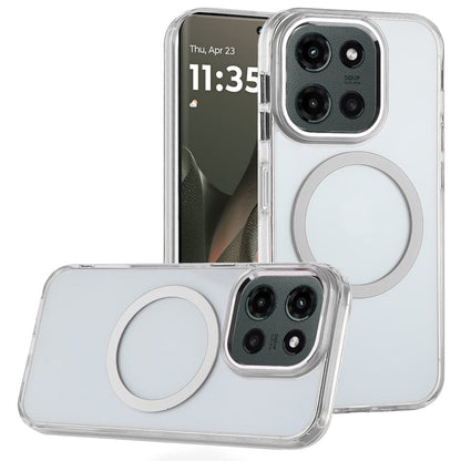 For Motorola Edge 2025 Transparent Back Hybrid Case - Magnetic Circle, Color Frame, Metal Buttons, MagSafe Compatible Case Cover Black