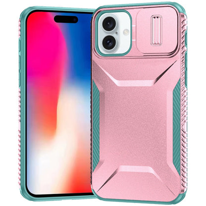 For iPhone 16 (6.1") Slim Fit Shockproof Hybrid with Slide Camera Window Covering, Rugged Tpu Silicone Hard PC Bumper Case Cover Pink-Teal