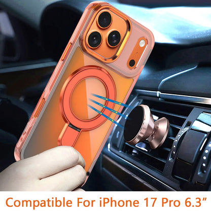 For Apple iPhone 17 Pro (6.3") Chrome Hybrid with Rotating Magnetic Circle Ring Stand, Slim Shockproof Hybrid Case Cover Cosmic Orange