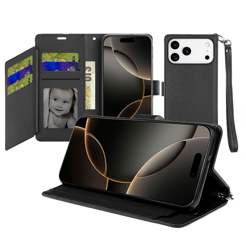 For Apple iPhone 17 Pro Max (6.9") Wallet Cases PU Leather with Credit Card /ID /Cash Holder Slot Dual Flip Book Pouch, Stand and Strap Case Cover