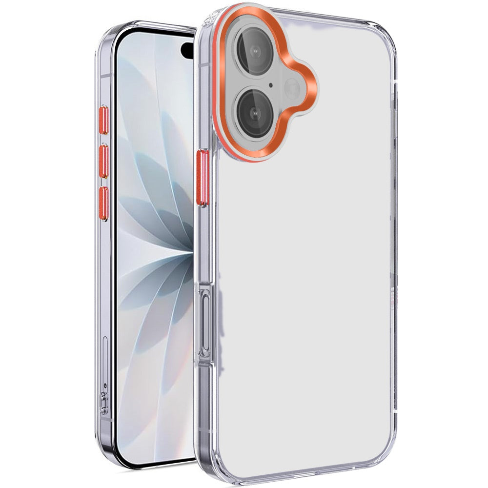For Apple iPhone 17 (6.3") Transparent Clear Hybrid with Matching Metal Buttons and Camera Protection Hard PC + TPU Rubber Case Cover Cosmic Orange