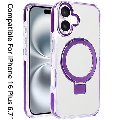 For Apple iPhone 16 Plus (6.7") Hybrid Transparent Circle Back Ring Kickstand [Compatible with MagSafe] Shockproof Color Frame Bumper Case Cover