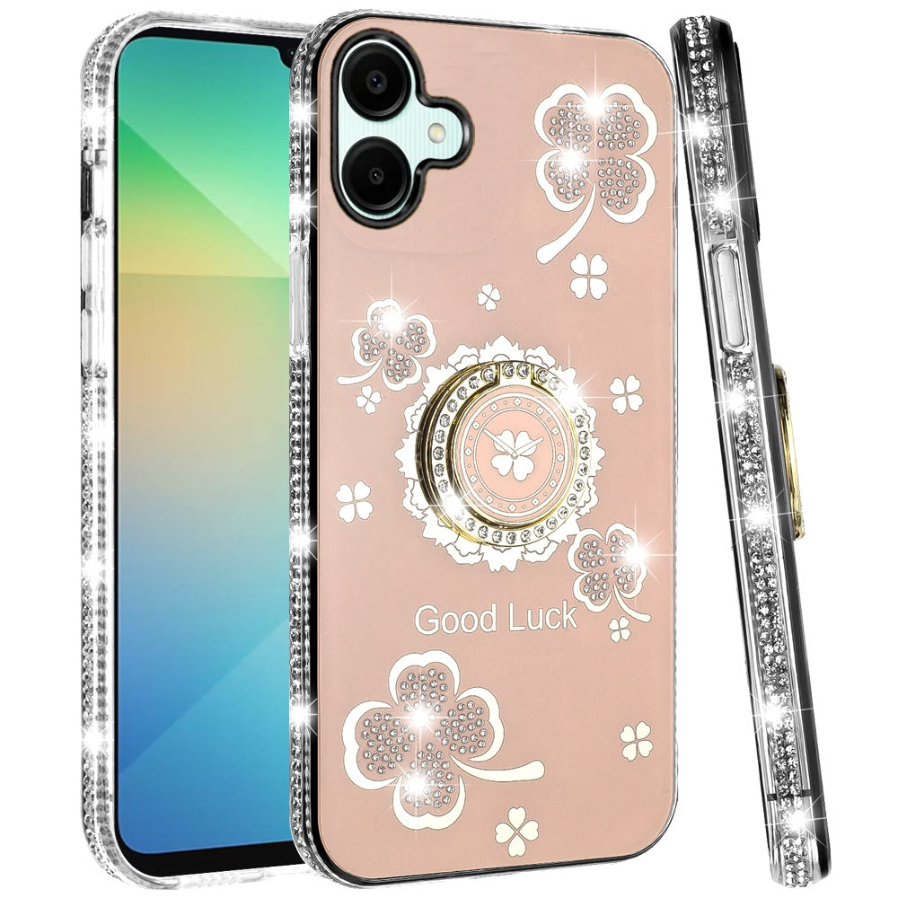 For Samsung Galaxy A06 Diamonds Bling All Around Edges Sparkly Glitter Hybrid with Ring Stand Holder Fashion Good Luck Case Cover