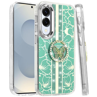 For Samsung Galaxy S25 EDGE Diamonds 3D Butterfly Floral Design Bling Sparkly Glitter Hybrid Metal Fashion with Ring Stand Case Cover