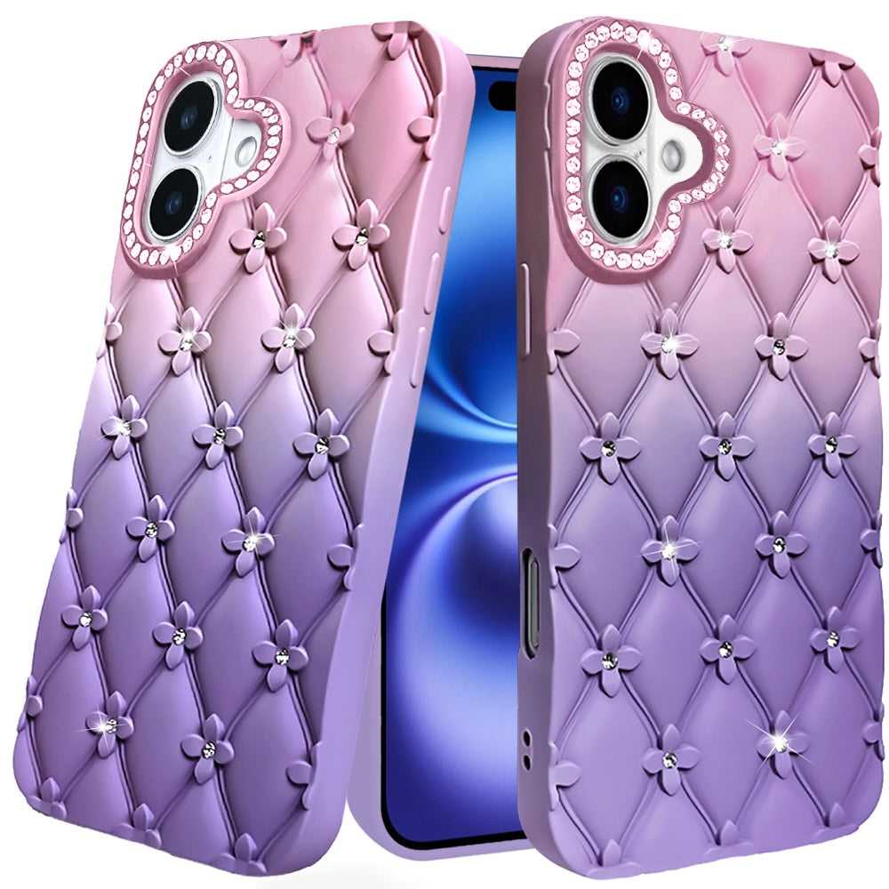 For Apple iPhone 17 (6.3") Fashion Flower Design Sparkle Glitter Shimmer Rhinestone Bling Floral Accents, Leather Texture TPU Case Cover