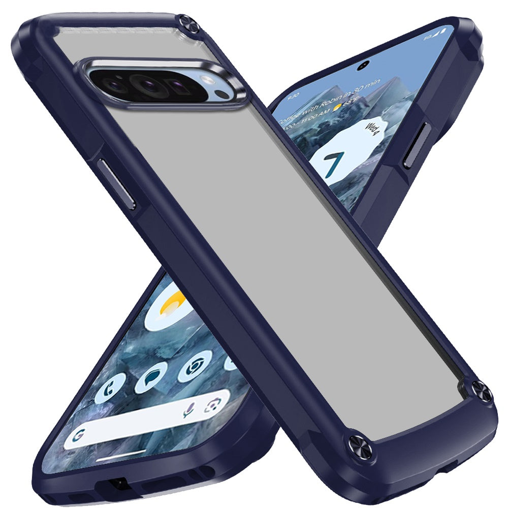 For Google Pixel 9 Pro XL Hybrid Transparent Rubber with Metal Buttons & Camera Edges Hard TPU Corner Frame Bumper Case Cover