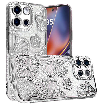 For Samsung Galaxy A26 Luxury Flower Design Sparkle Glitter Diamond Rhinestone Shimmer Bling Plating Thick TPU Hard PC Case Cover Flower Silver