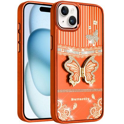 For iPhone 15 (6.1") Glitter 3D Butterfly Design Bling Metallic Edge Hybrid Stand Drop Protection TPU Shockproof Case Cover