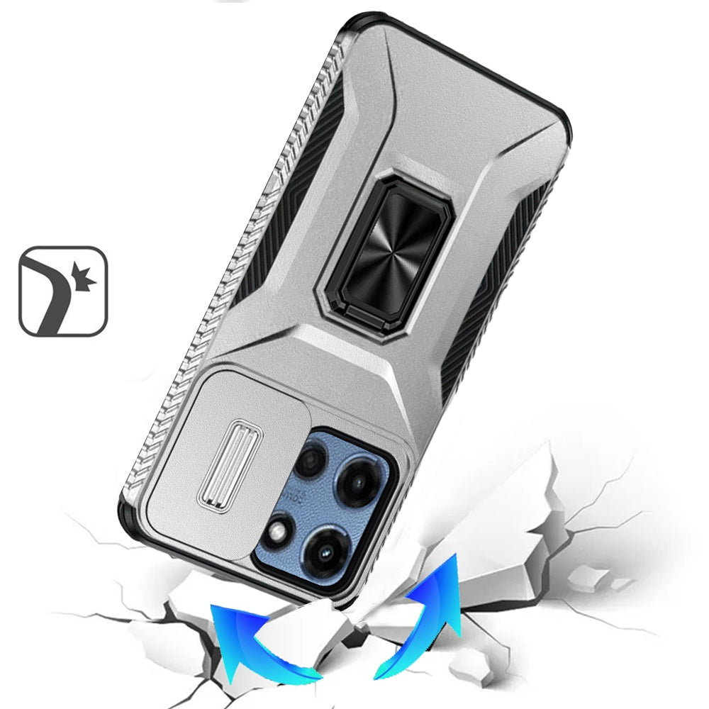 For Samsung Galaxy S25 EDGE Case, Camera Cover with Magnetic Rotation Ring Stand, Military Grade Hybrid Hard TPU Shockproof Case Cover Silver