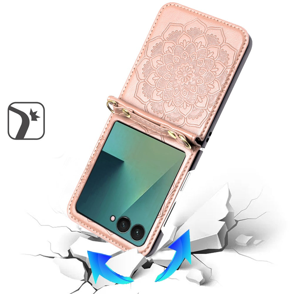 For Samsung Galaxy Z Flip 7 Embossed Floral PU Leather Henna Mandala Design Flip Cover with Strap, Hybrid Protective Case Cover