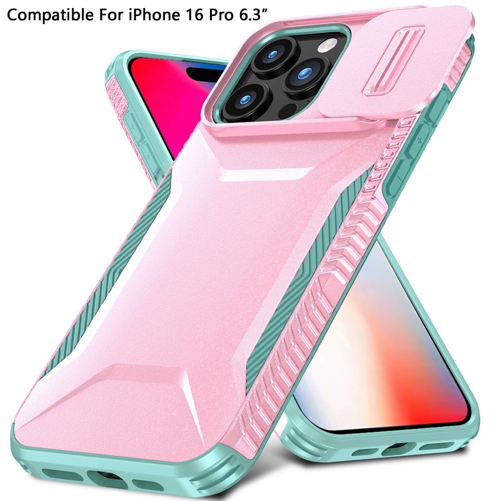 For Apple iPhone 16 Pro Slim Fit Shockproof Hybrid with Slide Camera Window Covering, Rugged Tpu Silicone Hard PC Bumper Case Cover Pink-Teal