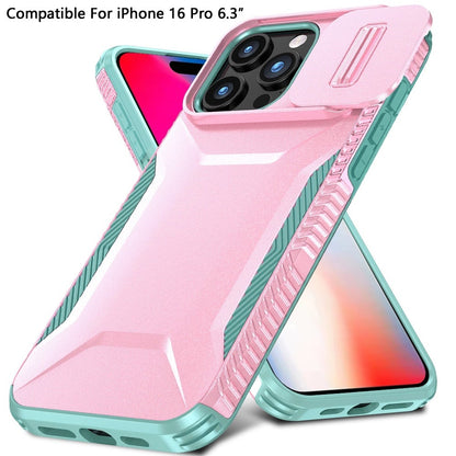 For Apple iPhone 16 Pro Slim Fit Shockproof Hybrid with Slide Camera Window Covering, Rugged Tpu Silicone Hard PC Bumper Case Cover Pink-Teal