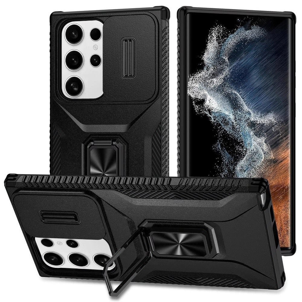 Phone Case for Samsung Galaxy S22 Ultra Magnetic Ring Stand Camera Protection Shockproof Heavy Duty Kickstand Rugged Grip Anti Scratch Hybrid Cover Black
