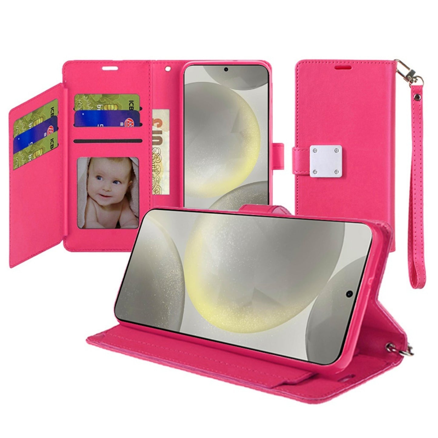 Phone Case for Samsung Galaxy S24 Ultra Wallet Credit Card Holder Leather Grip Shockproof Hybrid Protective Style Durable Flip Pouch Cover Hot pink