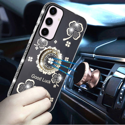 For Samsung Galaxy S21 Ultra Diamonds Bling All Around Edges Sparkly Glitter Hybrid Ring Stand Holder Fashion Good Luck Case Cover