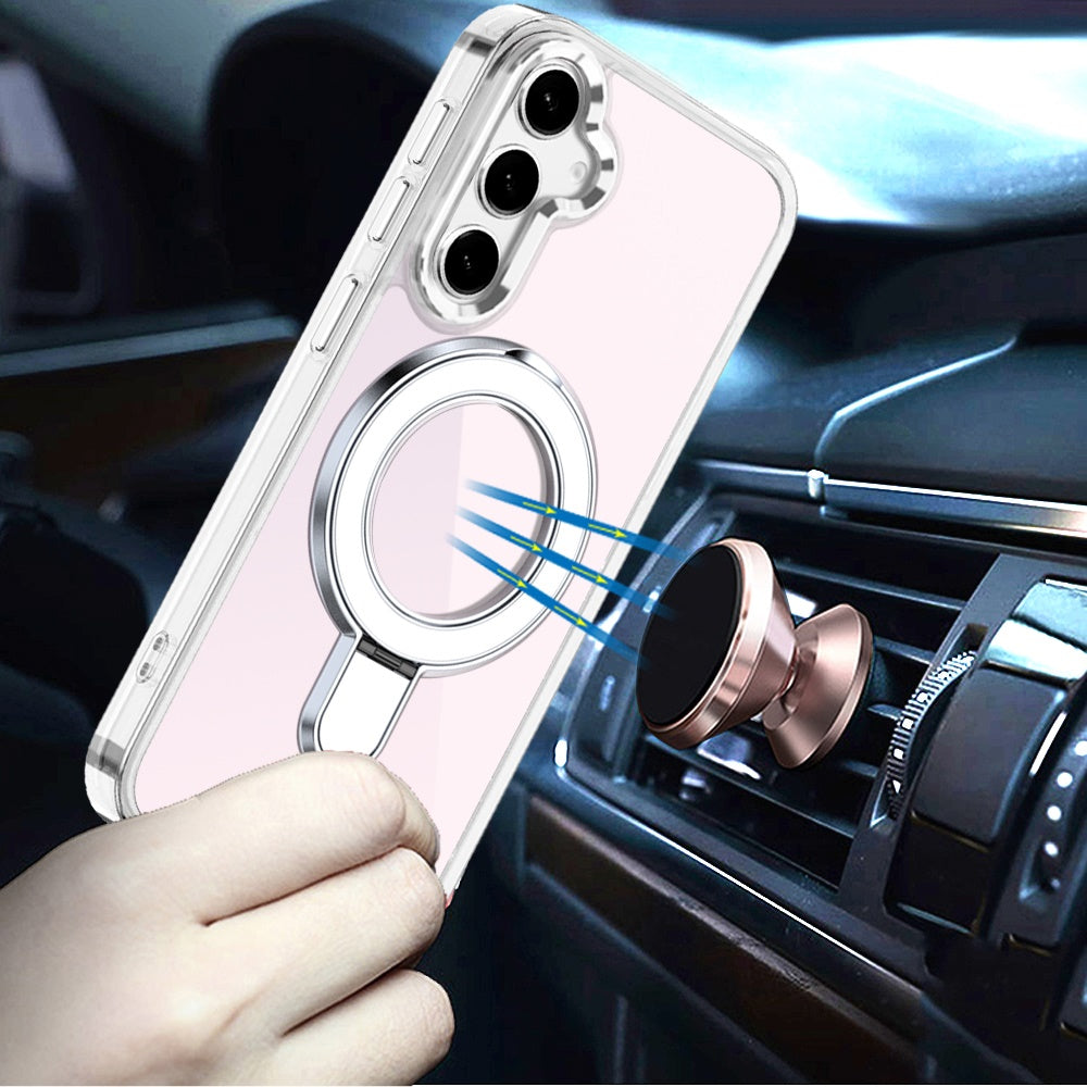 For Samsung Galaxy S26 Chrome Hybrid with Rotating Magnetic Circle Ring Stand, Slim Shockproof Hybrid Case Cover