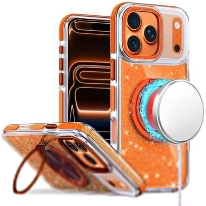 For Apple iPhone 17 (6.3") Slim Bling Glitter Sparkly Shimmer Hybrid with Magnetic Ring and 360° Rotational Stand [Compatible with Magsafe] Case Cover Cosmic Orange