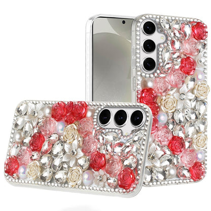 For Samsung Galaxy S25 /S24 Fashion Rose Flower Floral, 3D Bling Crystal Full Diamonds Pearl Sparkle Rhinestone Glitter Hybrid Case Cover