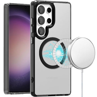For Samsung Galaxy S23 Ultra Transparent Back Hybrid Case - Magnetic Circle, Color Frame, Metal Buttons, MagSafe Compatible Case Cover