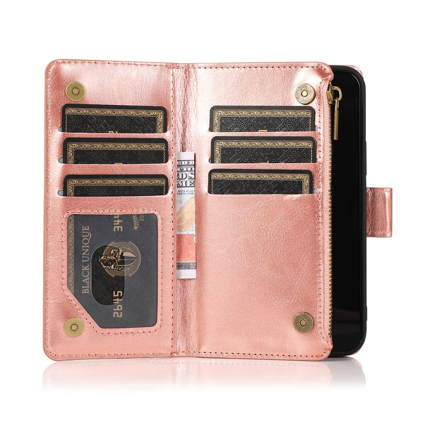 For Samsung Galaxy S25 Ultra Leather Wallet Case with Zipper, 9 Card Slots, Cash Pocket, Stand & Strap, Clutch Pouch Design Case Cover Rose Gold
