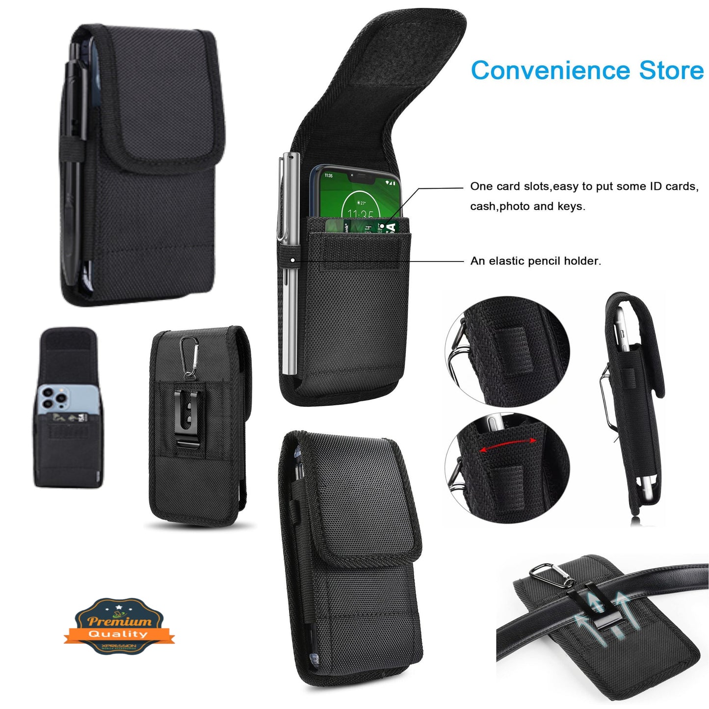 For Apple iPhone 16 (6.1") Vertical Nylon Canvas Holster Universal Cell Phone Pouch Velcro Closure with Credit Card Slot & Belt Clip Loop Carabiner [Black]