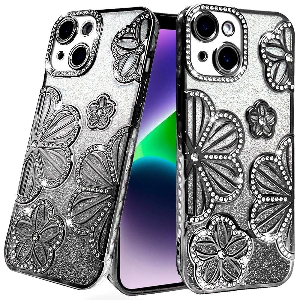 For iPhone 14/13 (6.1") Luxury Flower Design Sparkle Glitter Diamond Rhinestone Shimmer Bling Plating Thick TPU Hard PC Case Cover