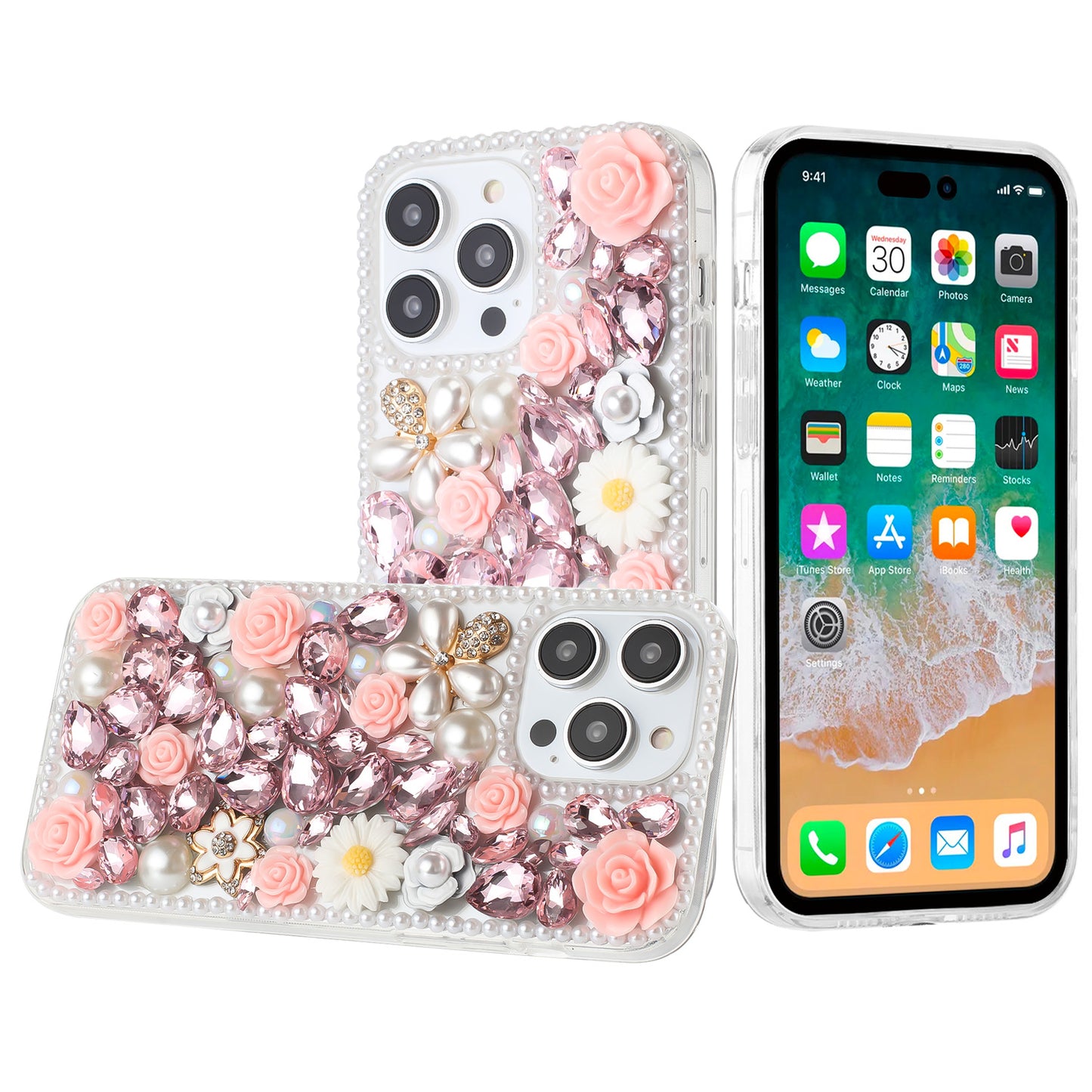 For Apple iPhone 17E /16E Fashion Rose Flower Floral, 3D Bling Crystal Full Diamonds Pearl Sparkle Rhinestone Glitter Hybrid Case Cover Pink
