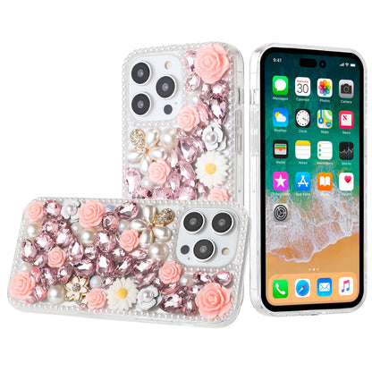 For Apple iPhone 17E /16E Fashion Rose Flower Floral, 3D Bling Crystal Full Diamonds Pearl Sparkle Rhinestone Glitter Hybrid Case Cover Pink
