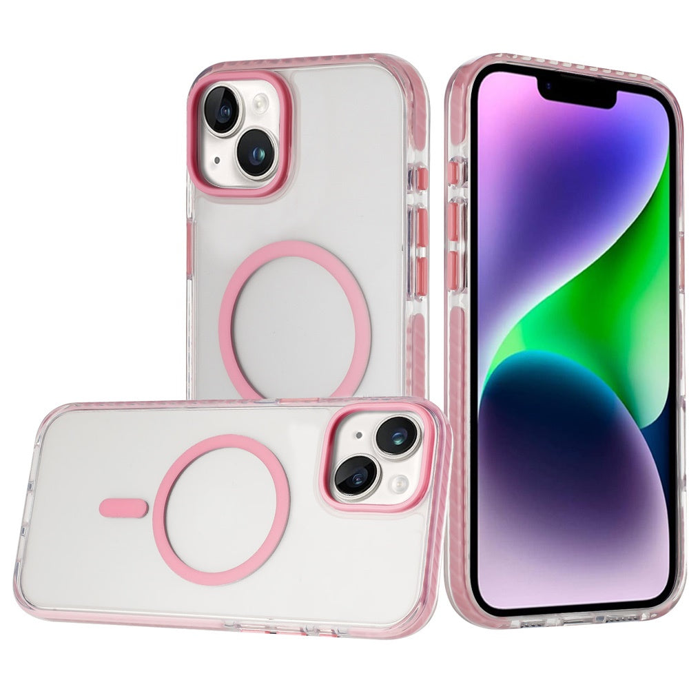 For Apple iPhone 17 Pro Max Transparent Hybrid with Color-Matched Magnetic Circle, Rubber TPU Frame Hard PC Shockproof Case Cover Pink