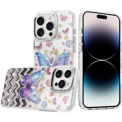 For iPhone 14 Pro Max (6.7") Butterfly Resin Epoxy Diamond Design Metal Edged Hybrid Shockproof Heavy Duty Drop Protection Case Cover