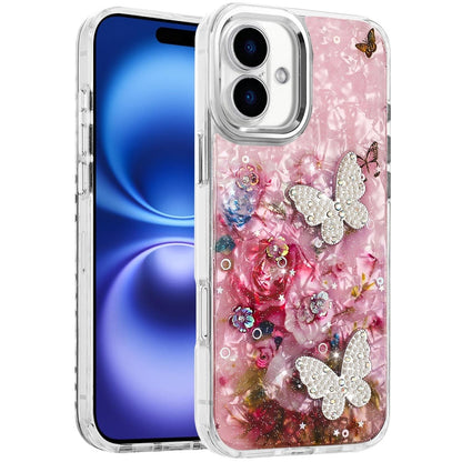 For Apple iPhone 17 (6.3") Epoxy Glitter Flowers Bling 3D Butterfly Fashion TPU Hybrid with Shockproof Protection Case Cover
