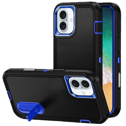 Phone Case for Apple iPhone 16 Plus 3in1 Tough Rugged Kickstand Shockproof Armor Grip Heavy Duty Drop Resistant Protective Hybrid Cover Black +Dark Blue