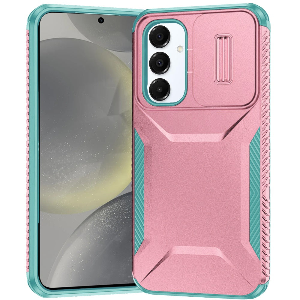 For Samsung Galaxy S25 /S24 Slim Fit Shockproof Hybrid with Slide Camera Window Covering, Rugged Tpu Silicone Hard PC Bumper Case Cover Pink-Teal