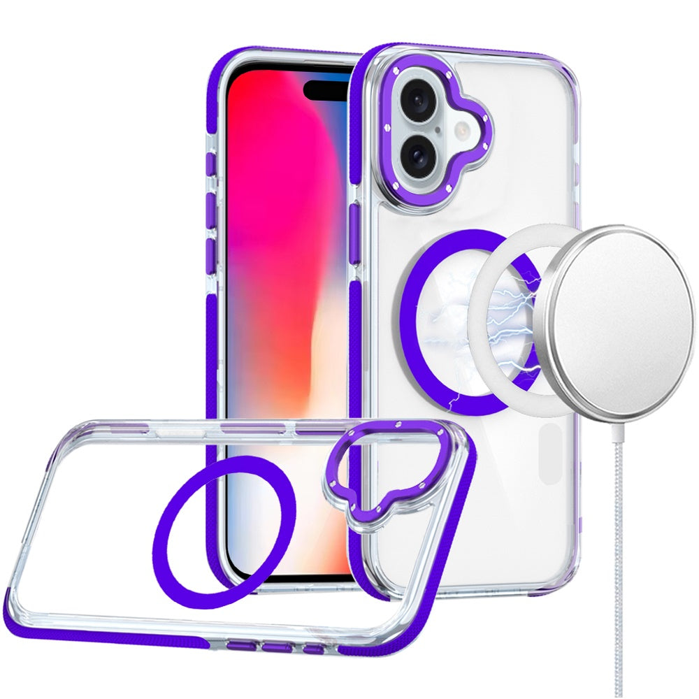 For Apple iPhone 16 Plus (6.7") Transparent back with Colorful Frame Strong Magnetic Circle [Compatible with Magsafe] Shockproof Case Cover Clear Purple