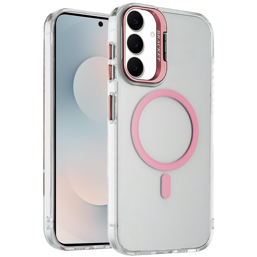 Phone Case for Samsung Galaxy S25 FE, S25 Fan Edition Clear Metallic Camera Stand Magnetic Hybrid TPU Shockproof Grip Camera Protection Kickstand Durable Armor Cover Pink