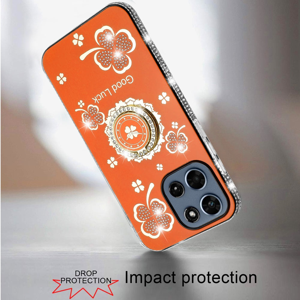 For Motorola Moto G 5G 2026/2025 Diamonds Bling All Around Edges Sparkly Glitter Hybrid with Ring Stand Holder Fashion Good Luck Case Cover Cosmic Orange