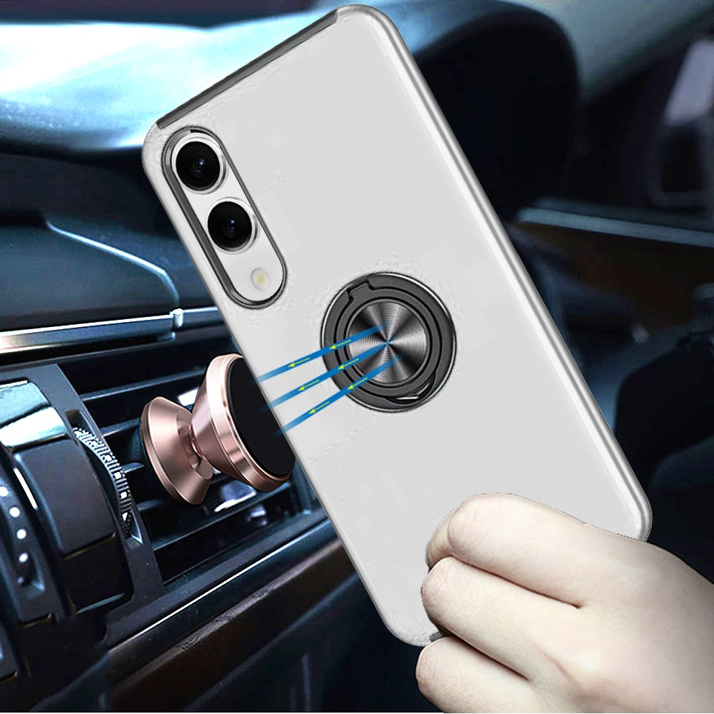 For Samsung Galaxy S25 EDGE Hybrid 360 Degree Rotatable Metal Invisible Ring Stand Holder Slim Fit Magnetic Car Mount Shockproof Case Cover Silver