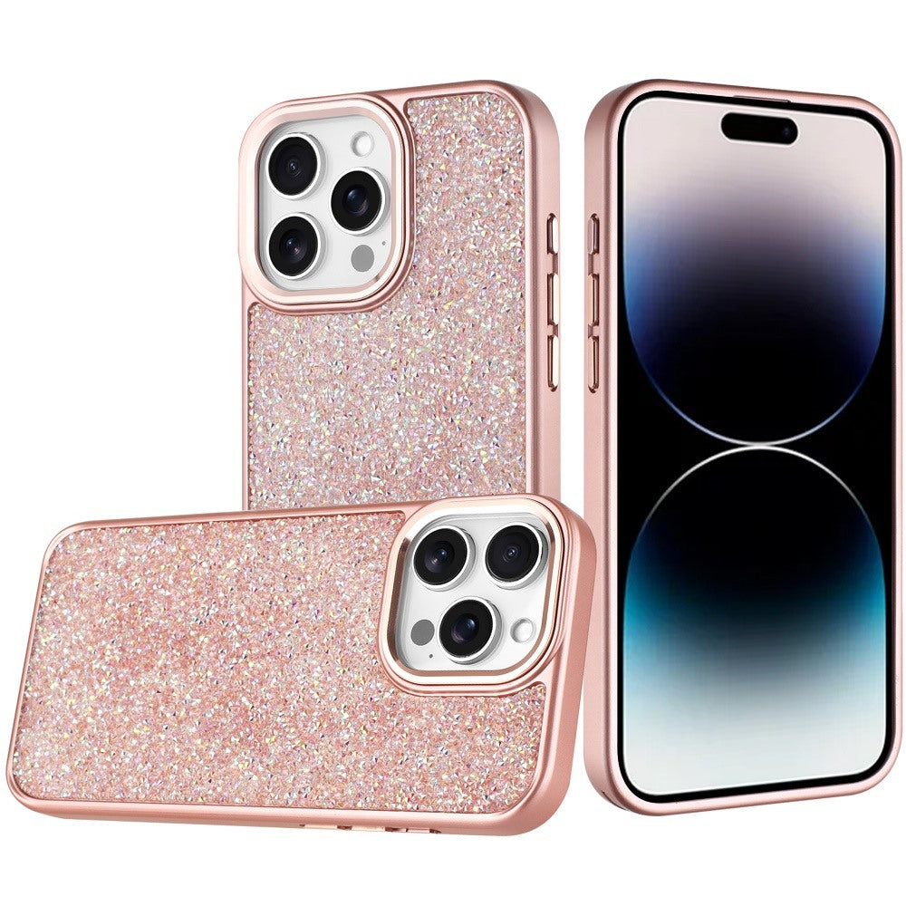 For iPhone 14 Pro Max (6.7") Crystal Sparkle Diamond Glass Full Mini Glitter Bling Frame TPU Hybrid Protective Case Cover