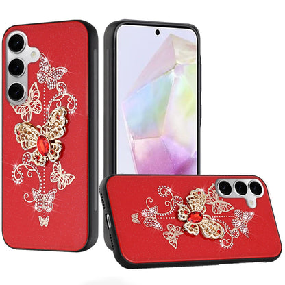 For Samsung Galaxy Z Flip 7 FE Diamonds 3D Butterfly Bling Sparkly Glitter Ornaments Engraving Hybrid Metal Fashion Case Cover Red Garden Butterflies