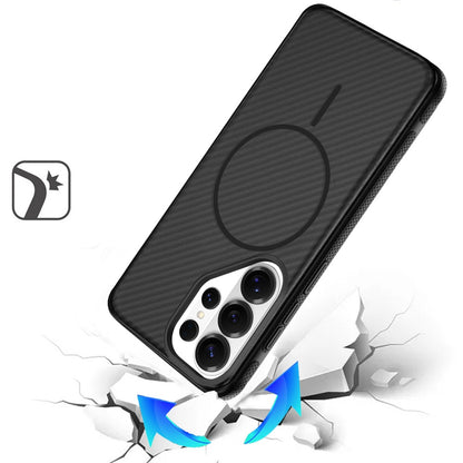 For Samsung Galaxy S26 Ultra Thick Carbon Design Magnetic Hybrid Drop Protection with Metallic Buttons & MagSafe Compatible Case Cover Black