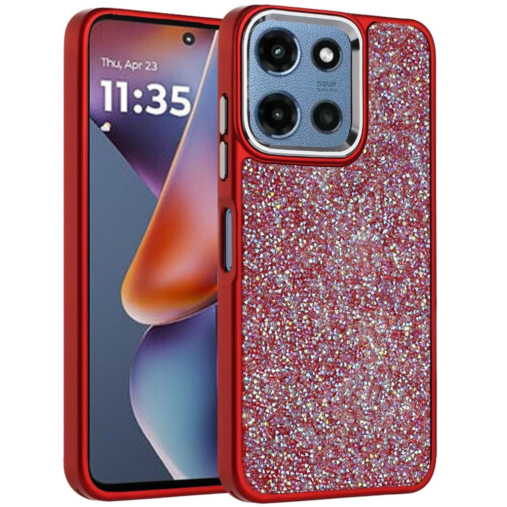 For Motorola Moto G Play 5G 2026 Crystal Sparkle Diamond Glass Full Mini Glitter Bling Frame TPU Hybrid Protective Case Cover Red