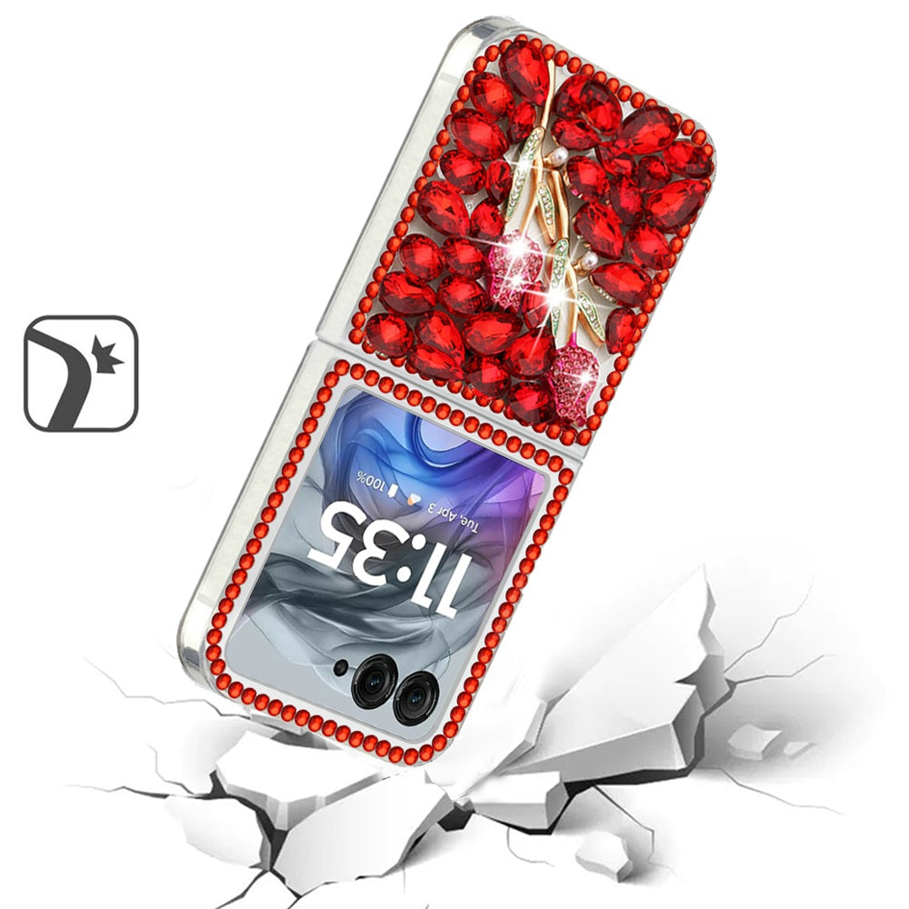 For Motorola Razr 2025 /2024 Bling Crystal 3D Full Diamonds Luxury Sparkle Rhinestone Hybrid Case Cover Red Exquisite Garden Flower