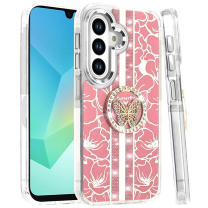 For Samsung Galaxy A16 5G Diamonds 3D Butterfly Floral Design Bling Sparkly Glitter Hybrid Metal Fashion with Ring Stand Case Cover