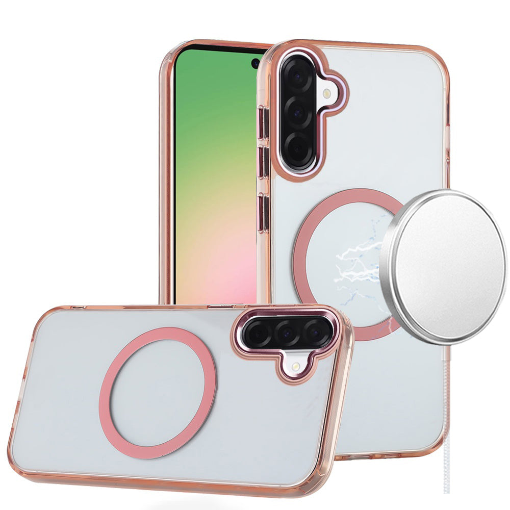 For Samsung Galaxy A57 Transparent Back Hybrid Case - Magnetic Circle, Color Frame, Metal Buttons, MagSafe Compatible Case Cover Rose Gold