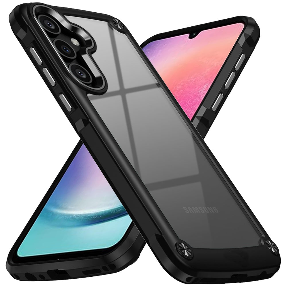 For Samsung Galaxy A26 Hybrid Transparent Rubber with Metal Buttons & Camera Edges Hard TPU Corner Frame Bumper Case Cover