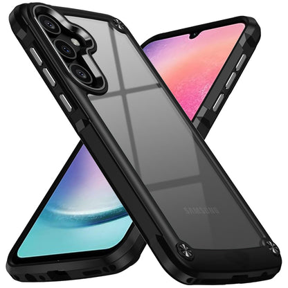 For Samsung Galaxy A26 Hybrid Transparent Rubber with Metal Buttons & Camera Edges Hard TPU Corner Frame Bumper Case Cover