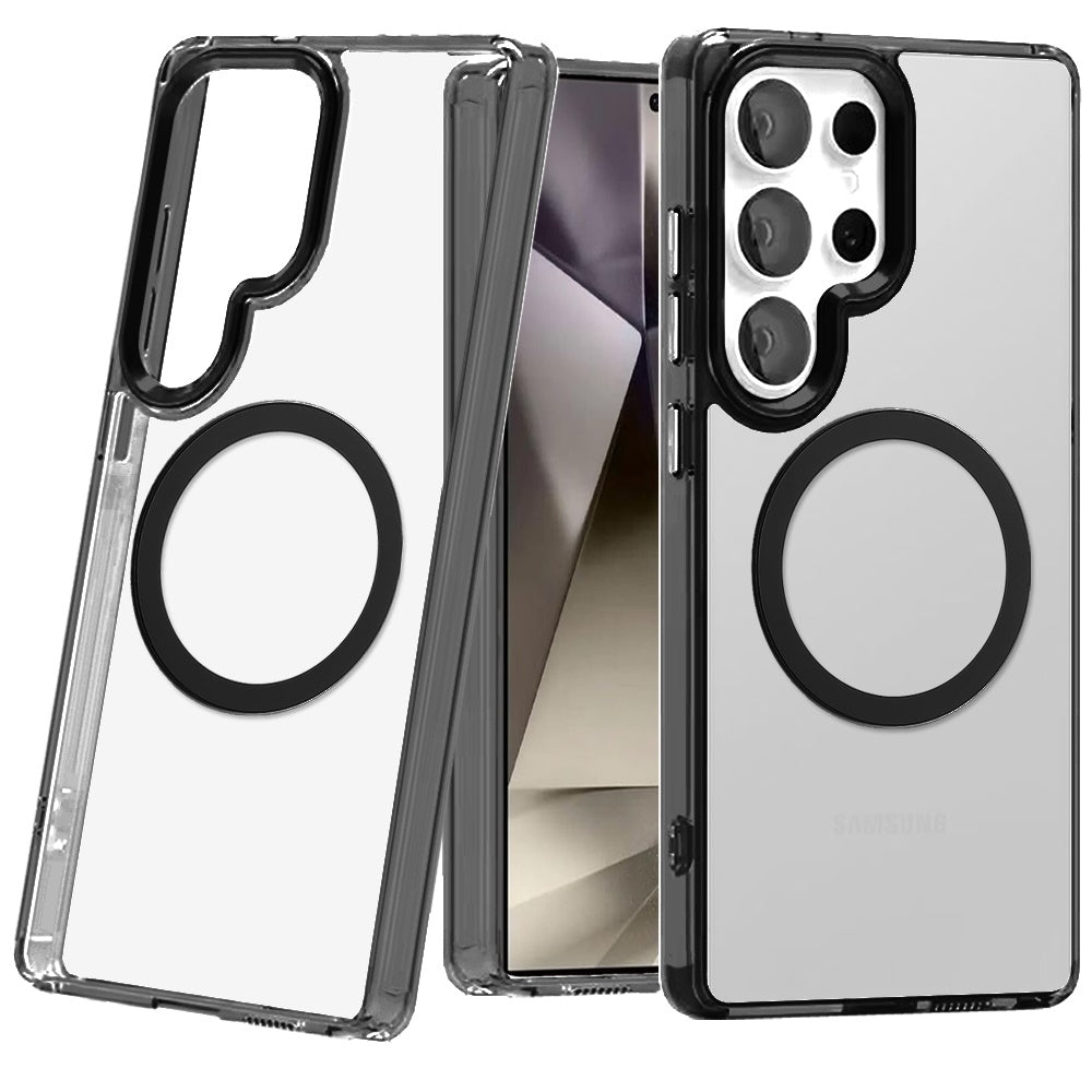 For Samsung Galaxy S25 Ultra Transparent Back Hybrid Case - Magnetic Circle, Color Frame, Metal Buttons, MagSafe Compatible Case Cover