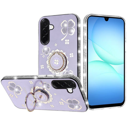For Samsung Galaxy A17 5G Diamonds Bling All Around Edges Sparkly Glitter Hybrid with Ring Stand Holder Fashion Good Luck Case Cover