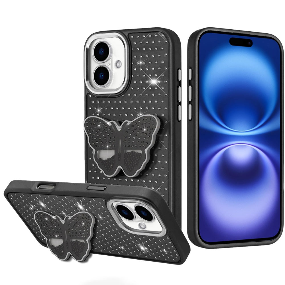 For Apple iPhone 17 (6.3") Butterfly Moveable Grip 3D Pop Stand Full Diamond Bling Sparkling TPU Fashion Hybrid Case Cover