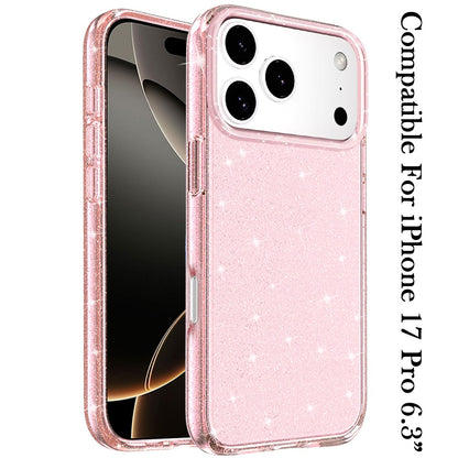 For Apple iPhone 17 Pro Transparent Glitter Shiny Sparkle Bling TPU Rubber Hard Back Hybrid Frame Shockproof Case Cover